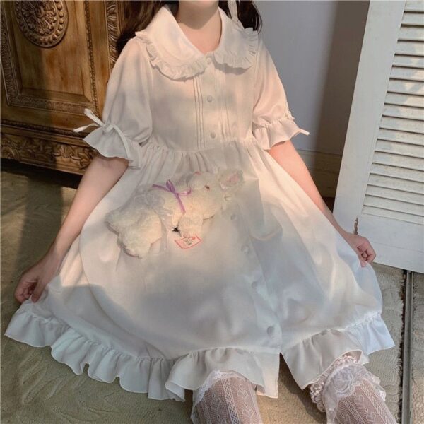 QWEEK White Kawaii Lolita Dress For Girls Soft Princess Fairy Peter Pan Collar Dress Japanese Style