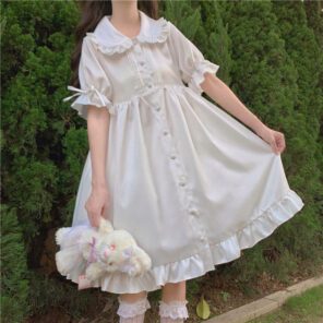 QWEEK White Kawaii Lolita Dress For Girls Soft Princess Fairy Peter Pan Collar Dress Japanese Style.jpg 640x640