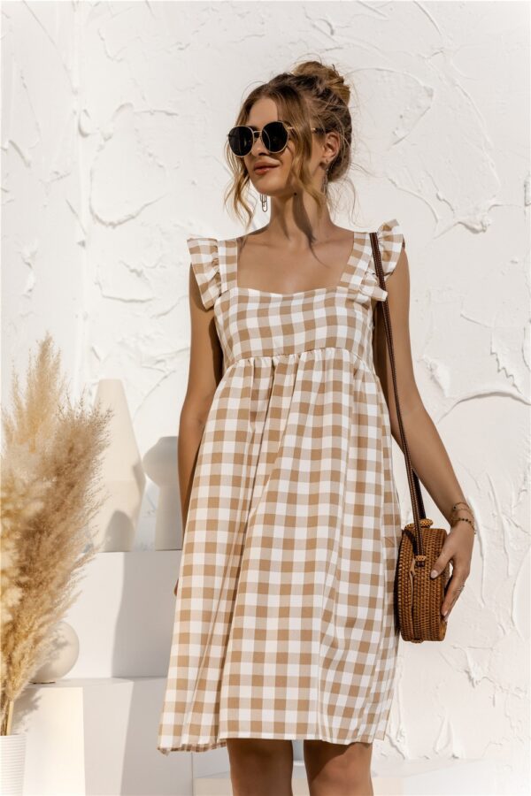 Sexy Summer Women Plaid Dress Square Collar Butterfly Sleeve Casual Loose Dress Backless Ladies Midi Dress 2