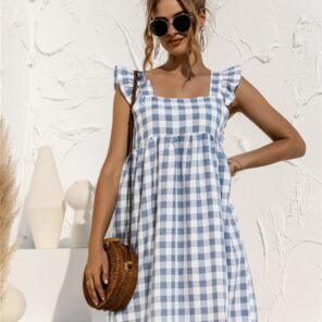 Sexy Summer Women Plaid Dress Square Collar Butterfly Sleeve Casual Loose Dress Backless Ladies Midi Dress