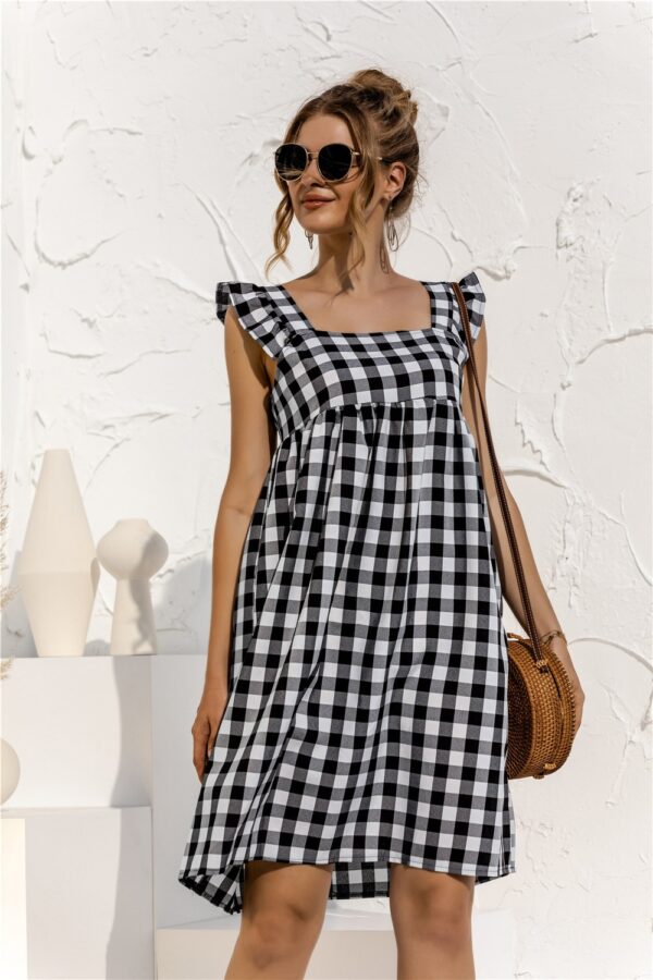 Sexy Summer Women Plaid Dress Square Collar Butterfly Sleeve Casual Loose Dress Backless Ladies Midi Dress 3