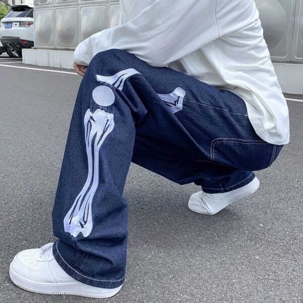 Skeleton Embroidery Straight Jean Pants Man Mopping Trousers Mens Streetwear Denim Pants Men s Clothing Jeans