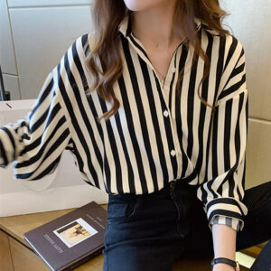 Spring Summer Korean Design Loose Striped Shirt Women s Thin Retro Long Sleeve Chiffon Blouse Button 3