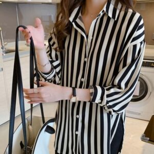 Spring Summer Korean Design Loose Striped Shirt Women s Thin Retro Long Sleeve Chiffon Blouse Button