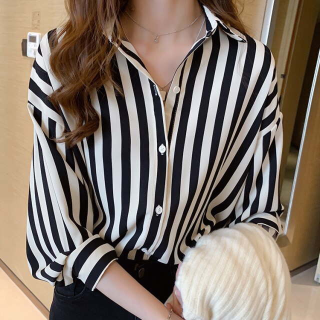 Spring Summer Korean Design Loose Striped Shirt Women s Thin Retro Long Sleeve Chiffon Blouse Button.jpeg 640x640