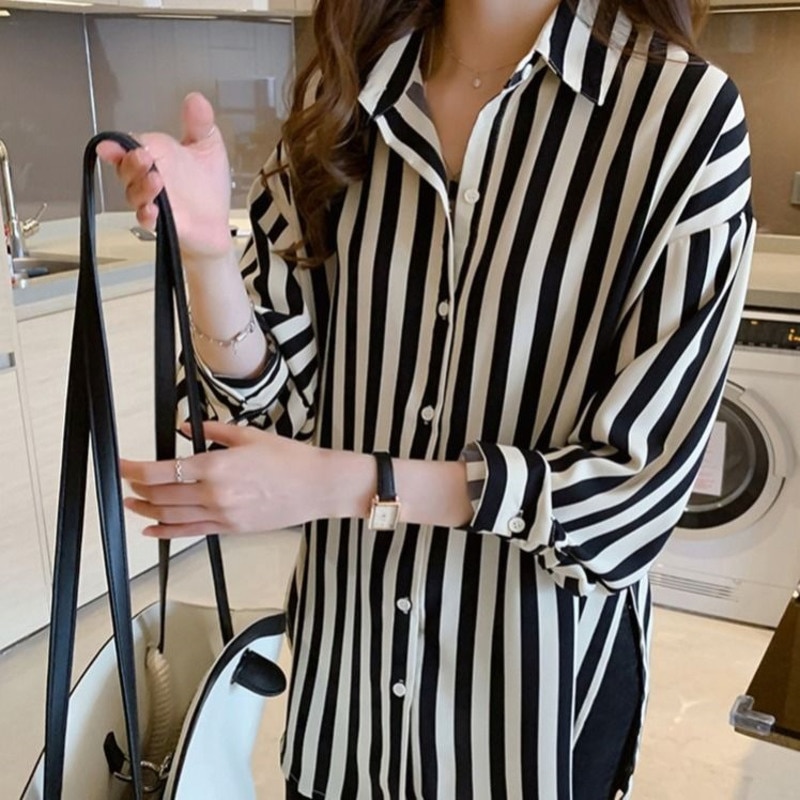 Spring Summer Korean Design Loose Striped Shirt Women's Thin Retro Long ...