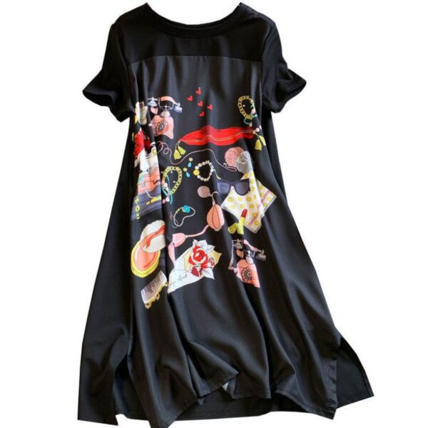 Summer Dress Women New Large Size Slimming Loose Fashion Belly covering Length Black Spliced Printing Vintage 1