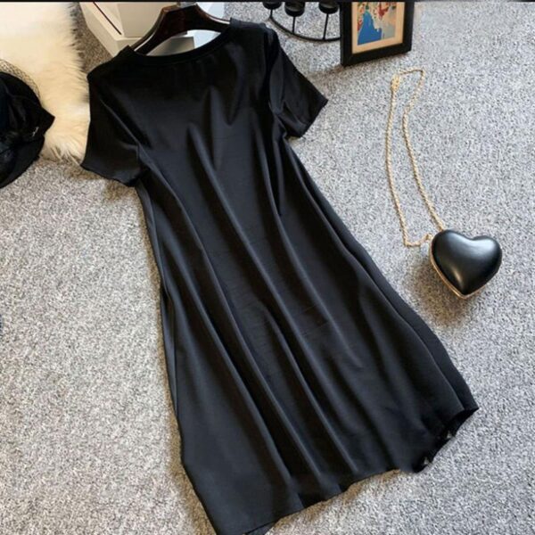 Summer Dress Women New Large Size Slimming Loose Fashion Belly covering Length Black Spliced Printing Vintage 2