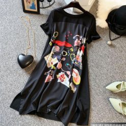 Summer Dress Women New Large Size Slimming Loose Fashion Belly covering Length Black Spliced Printing Vintage