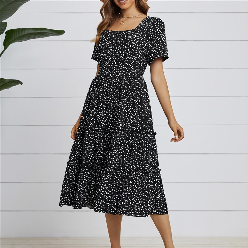 Summer Love Pattern Dot Print Dress Women 2022 New Casual Short Sleeve Square Collar Ruffles Medium 4
