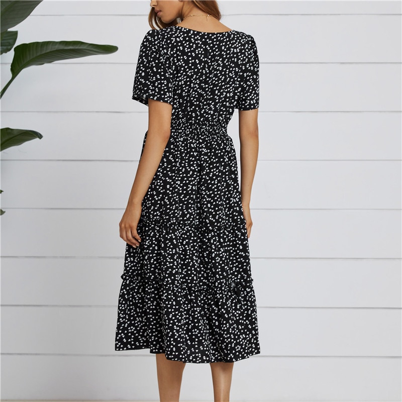 Summer Love Pattern Dot Print Dress Women 2022 New Casual Short Sleeve Square Collar Ruffles Medium 5