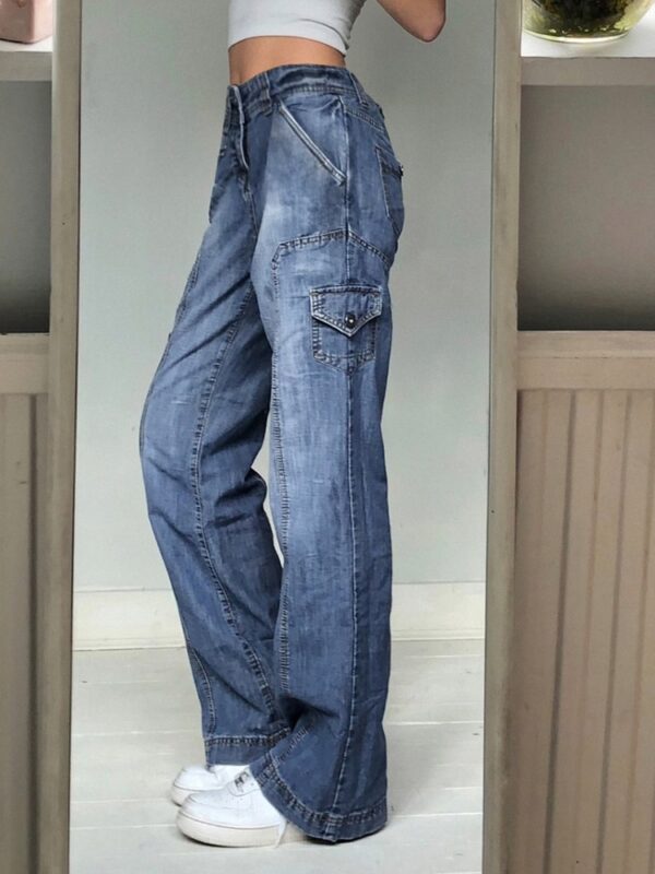 Weekeep Y2k Jeans Streetwear Women High Waist Jeans Wide Leg Pockets Patchwork Baggy Cargo Pants Vintage 1