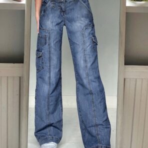 Weekeep Y2k Jeans Streetwear Women High Waist Jeans Wide Leg Pockets Patchwork Baggy Cargo Pants Vintage