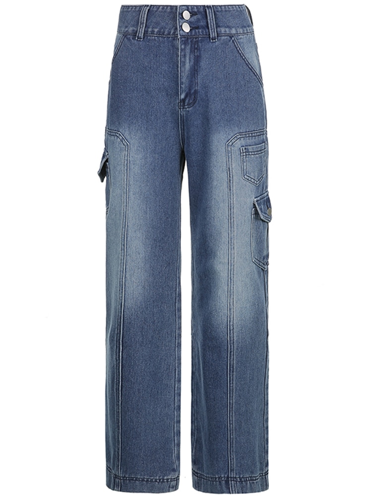 Weekeep Y2k Jeans Streetwear Women High Waist Jeans Wide Leg Pockets Patchwork Baggy Cargo Pants Vintage 5