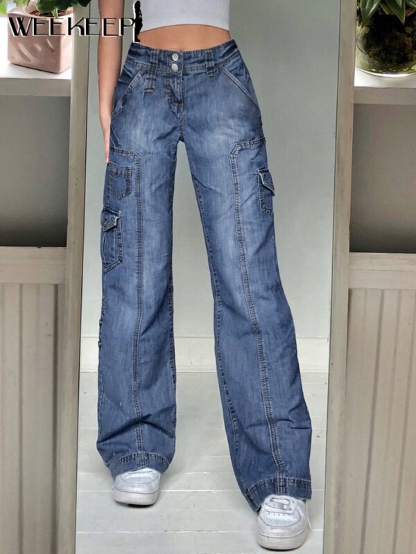 Weekeep Y2k Jeans Streetwear Women High Waist Jeans Wide Leg Pockets Patchwork Baggy Cargo Pants Vintage