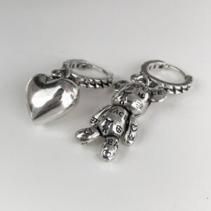 Women Prevent Allergy Silver Color Hoop Earrings Vintage Accessories Little Bear LOVE Heart Asymmetric Party Jewelry