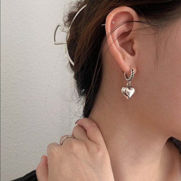 Women Prevent Allergy Silver Color Hoop Earrings Vintage Accessories Little Bear LOVE Heart Asymmetric Party Jewelry 4