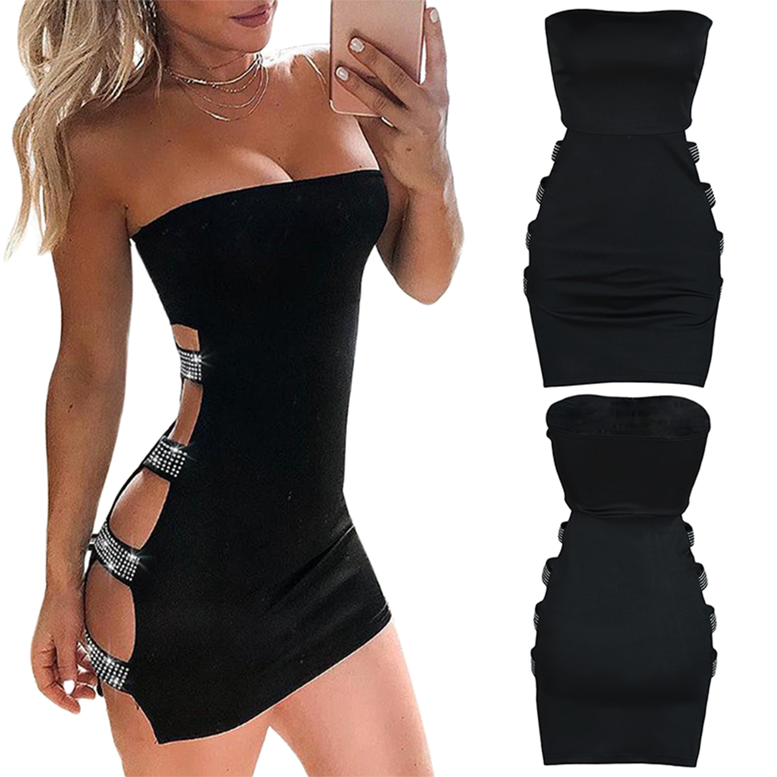 Women s Sexy Bodycon Pencil Dress Rhinestone Hollow Out Off Shoulder Solid Color Skinny Mini Short 2