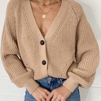 Zoki Women Knitted Cardigans Sweater Fashion Autumn Long Sleeve Loose Coat Casual Button Thick V Neck