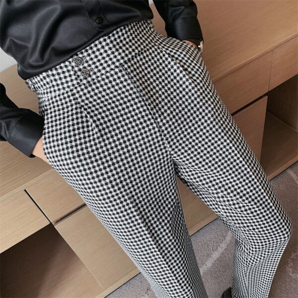 British Casual Men Dress Pant Thousand Bird Grid High Waist Straight Pants Fashion Men Trousers Formal 1