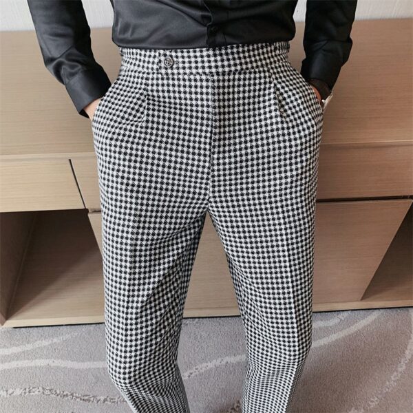 British Casual Men Dress Pant Thousand Bird Grid High Waist Straight Pants Fashion Men Trousers Formal 2