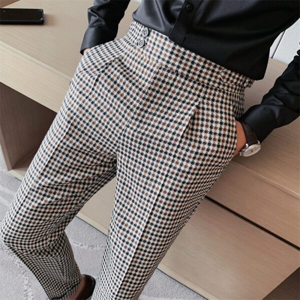 British Casual Men Dress Pant Thousand Bird Grid High Waist Straight Pants Fashion Men Trousers Formal 3