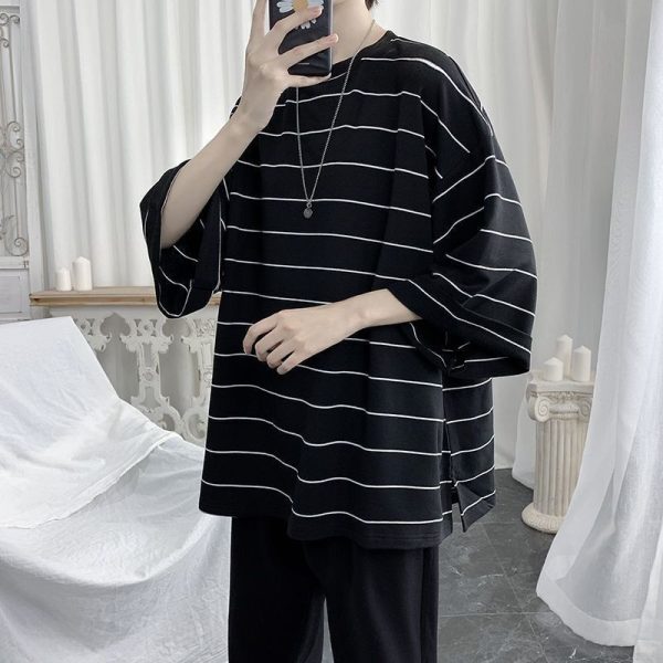 Cool Summer Oversized T Shirt Men Funny Harajuku Tshirt Streetwear Men Striped Japan Hip Hop Loose