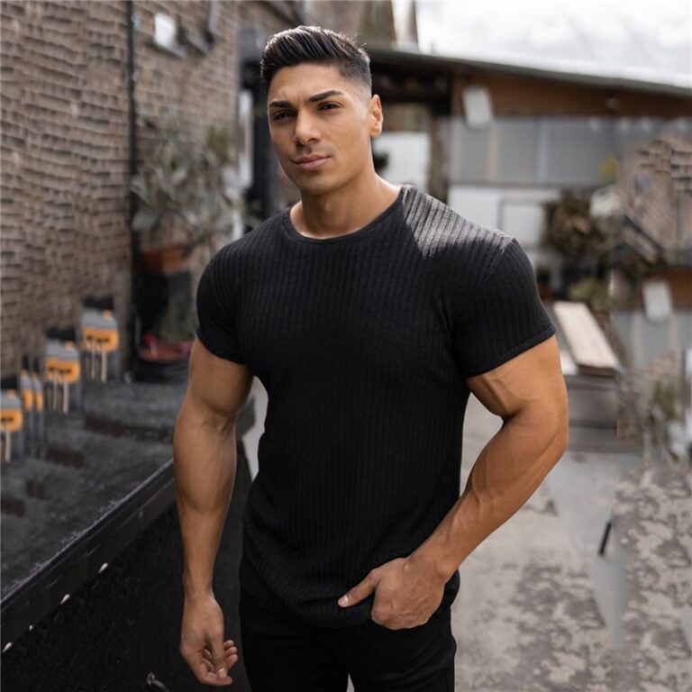 Fashion Knitted T shirt Men Sports Short Sleeve Tee shirt Slim Fit T Shirt Summer Gym 4