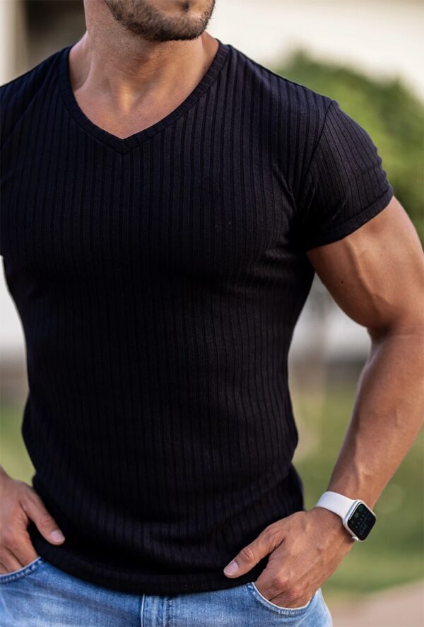 Gym T shirt Men V Neck Short Sleeve Knitted Tshirt Sports Slim Fit Tee Shirt Male 4