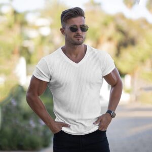 Gym T shirt Men V Neck Short Sleeve Knitted Tshirt Sports Slim Fit Tee Shirt Male