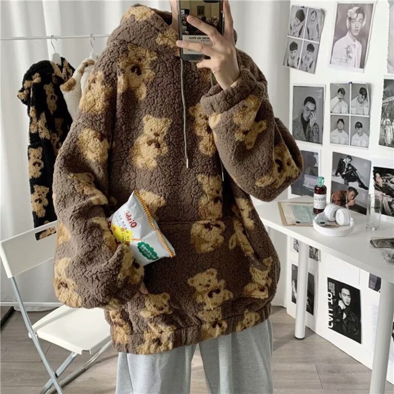 Teddy Bear Hoodie Man Oversized Hoodie Furry Sweatshirts Loose Casual Pullovers oversized Tracksuit Spring Men Anime 3