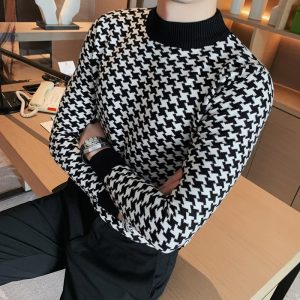 2023 Brand Clothing Men Autumn Winter High Quality Knitting Sweater Male Slim Fit Plaid Fashion Pullover