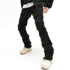 2023 Dark Streetwear Tassel Black Baggy Men Grunge Jeans Pants Y2K Patchwork Hip Hop Straight Denim