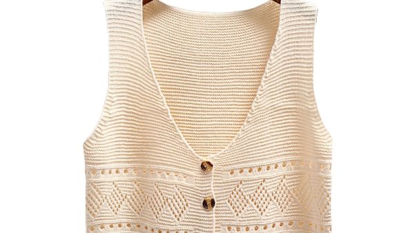 2023 Korean Fashion V Neck Loose Sleeveless Sweater Vest Women Knitted Hollow Out Single Breasted Short