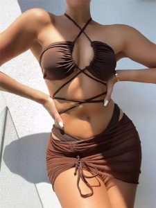 2023 New 3 Pieces Set Swimsuit Women High Waist Swimwear Sexy Lace Up Micro Bikini Set