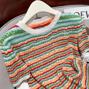 2023 New Summer Striped Short sleeved Sweater Women s Knitted T Shirts Ins Korean Style Crew 1