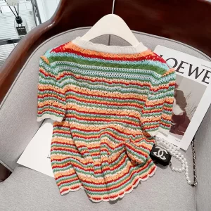 2023 New Summer Striped Short sleeved Sweater Women s Knitted T Shirts Ins Korean Style Crew 3