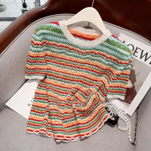 2023 New Summer Striped Short sleeved Sweater Women s Knitted T Shirts Ins Korean Style Crew