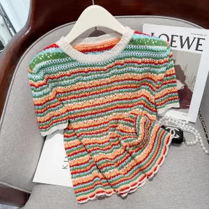 2023 New Summer Striped Short sleeved Sweater Women s Knitted T Shirts Ins Korean Style Crew 4