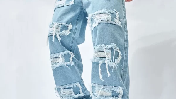 2023 Simple Stylish Men Ripped Patch Hip Hop Loose Jeans Pants Streetwear Male Straight Denim Trousers