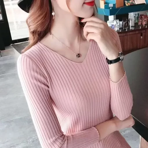 2023 Spring and Autumn Women s Solid V Neck Slim Long Sleeve Pullover Knitted Screw Thread 4
