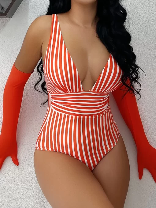 2023 Striped One Piece Swimsuit Vintage Swimwear Women V neck Bathing Swimming Suit Female Summer Beachwear 2