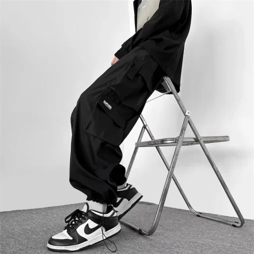 2024 Men Outdoor Multiple Pockets Cargo Pants Spring Casual Drawstring Baggy Wide leg Trousers Hip Hop 2