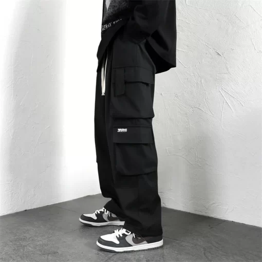 2024 Men Outdoor Multiple Pockets Cargo Pants Spring Casual Drawstring Baggy Wide leg Trousers Hip Hop 3