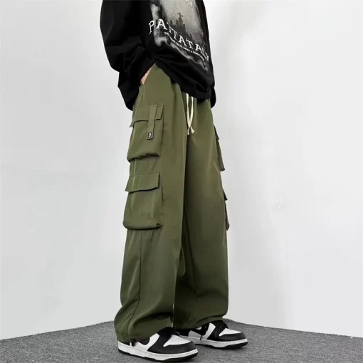 2024 Men Outdoor Multiple Pockets Cargo Pants Spring Casual Drawstring Baggy Wide leg Trousers Hip Hop