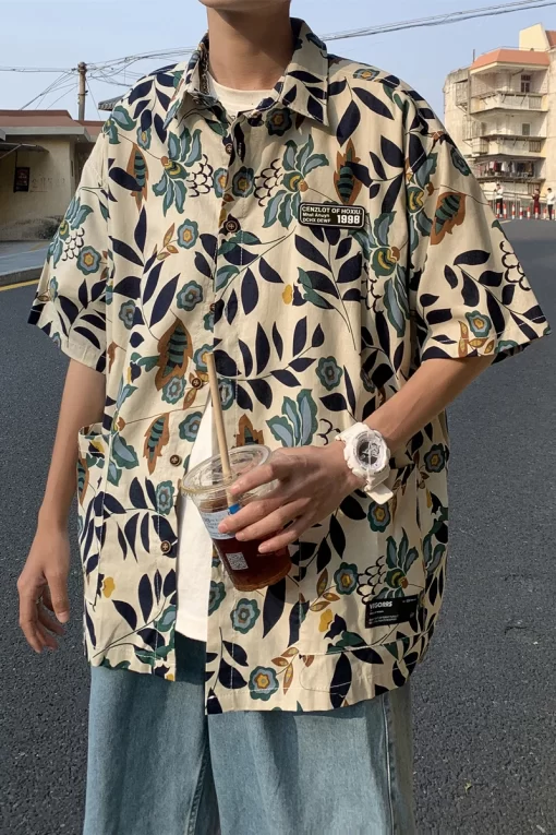 2024 Men s Short Sleeved Hawaiian Shirt Casual Blouses Oversized Loose Wear Cashew Flower Print Fashion 5