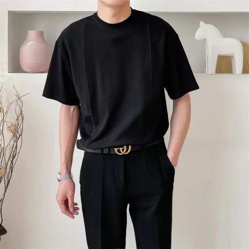 2024 New Fashion Japanese Vintage Heavy Thin Loose Half Sleeve T shirt Men Korean Business Casual 1