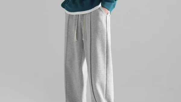 2024 New Men s Autumn and Winter Spliced Elastic Waist Fashion Drawstring Pocket Solid Color Floor