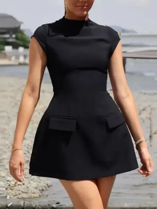 2024 New Women Elegant Slim Solid Pockets Mini Dress Fashion O neck Short Sleeve A line 5