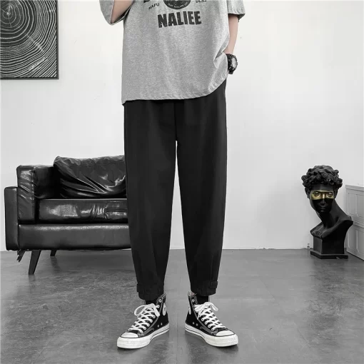 2024 Spring Fashion Wide Leg Baggy Streetwear for Men Hip Hop Elastic Waist Cargo Pants Solid 2